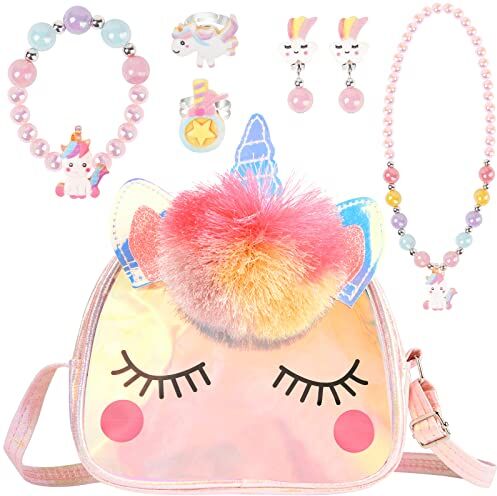 OSDUE Unicorno Borsetta Bambina Set Gioielli, Unicorno Regalo Peluche Borsetta Bambina Set Gioielli Unicorno Accessori per Capelli Mollette per Capelli Ragazze Arcobaleno Collana Bracciale Anello