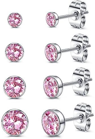 CASSIECA 4 Paia Orecchini da Donna Ragazza Orecchini Titanio Ipoallergenici Orecchini Zircone Rosa 3/4/5/7mm