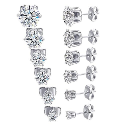 Ozmw 6 Paia Orecchini Uomo Diamante, Orecchini Anallergici Acciaio al Titanio, Orecchini Uomo Donna con Zirconia Cubica 3-8 mm