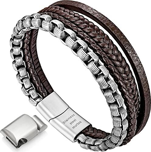 Murtoo Bracciale Uomo Pelle e Catena Acciaio Braccialetto con Chiusura Magnetica Pacco Regalo per L'uomo (Marrone Argento, 22)