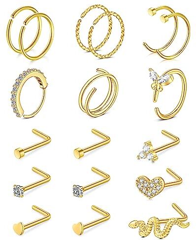 Rajnard 18PCS 316L Chirurgico in Acciaio Naso Anello Borchie 20G Oro L-Forma Naso Vite Anelli a Cerchio per Le Donne Ragazze in Acciaio Inox Nostril Piercing Gioielli