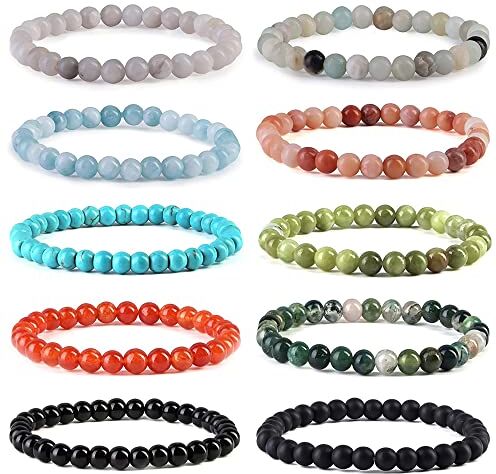 JeweBella 10 Pezzi Pietre Naturali Bracciale Donna Uomo Perline Elasticizzato Regolabile Braccialetto Agata Rossa Avventurina Verde Turchese Tormalina Nera Pietre Naturali Bracciali Coppia 4/6/8MM