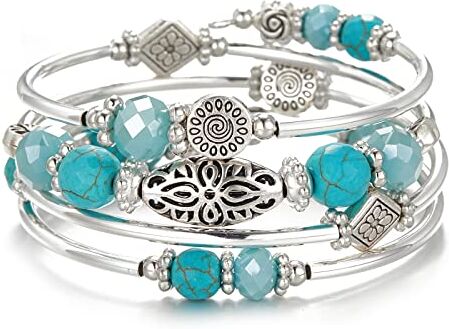 FULU AUTUMN Avvolgere il Braccialetto a Strati D'argento con Perline Bracciali Rigidi Impilabili Bohémien Gioielli Regali per La Festa Della Mamma(Turquoise2)