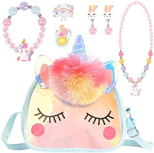 OSDUE Set di 7 Gioielli per Unicorno Borsetta Bambina, Unicorno Peluche Borsetta Bambina, Set Gioielli Unicorno Accessori per Capelli Mollette per Capelli Ragazze Arcobaleno Collana Bracciale Anello