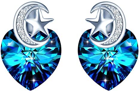 INFINIONLY Orecchini cuore in Cristallo blu, Orecchini di cristallo da donna e ragazza, in argento 925, Decorato con stelle e luna, Zircone intarsiato, Gioielli eleganti