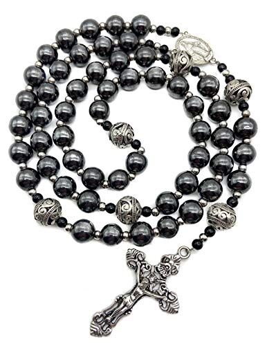 Nazareth Store Rosario in Ematite Collana con Perline di Pietra Nera Medaglia con miracoli in Metallo e Rosario a Croce per Uomo e Donna NS