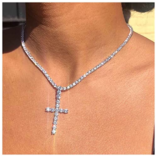 Dervivea Scintillante Strass Collana Girocollo Croce Di Cristallo Collana Pendente Argento Tennis Catena Collana Cz Croce Collana Girocollo Per Le Donne E Le Ragazze