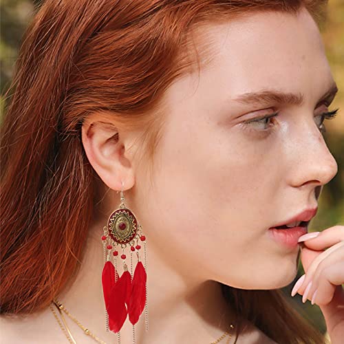 Bohend Orecchini lunghi in stile bohémien, con nappa, con piume, color turchese, per viaggi e spiaggia, accessori per le orecchie per donne e ragazze (rosso)