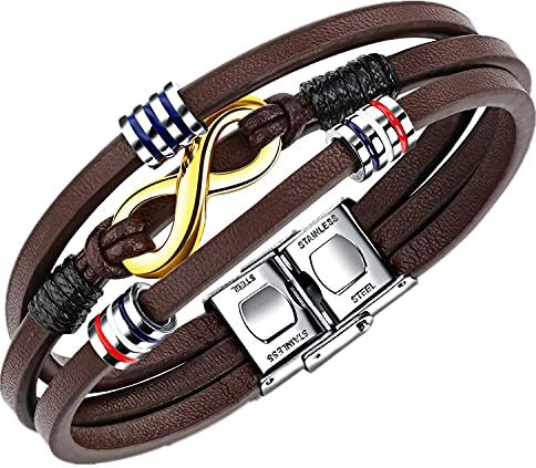 Gkmamrg Bracciale da uomo in pelle nera Marrone intrecciata, Braccialetto con simbolo dell'infinito, Bracciali in vera pelle, ideale come regalo 21cm