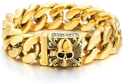 COOLSTEELANDBEYOND Uomo Grande Oro Nero Acciaio Inossidabile Barbozzale Bracciale con Fleur de Lis e Cranio, Gotico Biker