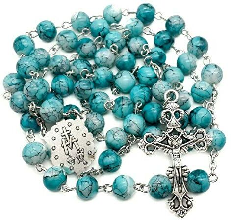 Nazareth Store Collana rosario con perle di vetro in marmo turchese cattolico Medaglia miracolosa e croce Borsa in velluto