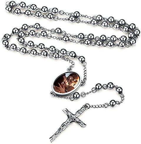 FaithHeart Collana Rosario Medaglia HD Foto Uomo Donna Crocifisso Pregheria Collana Croce Cattolica Personalizzata Catena Colorata con Perline Ciondolo Crocifisso Gioielli Religiosi