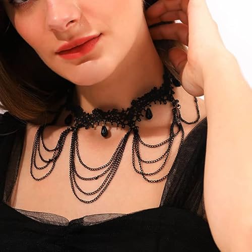 SINLOV Halloween Gotico Punk Pizzo Choker Collana Fiore Nero Nappa Cristallo Pendente Perline Perline Retro Partito Collare Choker Catena Clavicle Gioielli per le Donne e Ragazze (B)