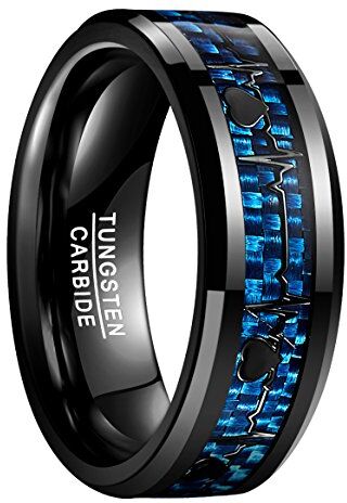 NUNCAD Anello Uomo/Donna con Cuore Plusante in Tungsteno Fibra di Carbonio Unisex Anello Souvenir/Anello Moda/Anello Singolo Nero + Blu Taglia 8mm(27,5)