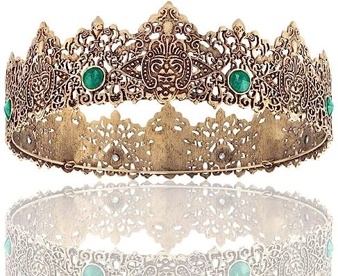 LEEMASING King Men Gold Tiara Crown Fascia medievale imperiale in cristallo, per matrimonio, Halloween, fiera di compleanno (oro scuro con pietra verde)