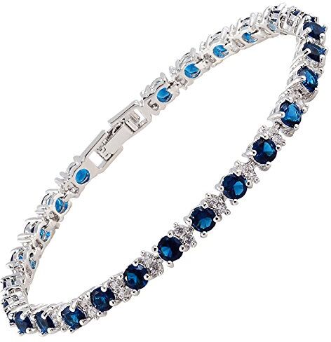 Rizilia Gioielli Taglio Rotondo Blue Sapphire Color Birthstone Pietra preziosa Fine 18K Oro Bianco Placcato [180mm / 7inch] Braccialetto Tennis Elegance Moderno [Sacchetto di Gioielli Liberi]