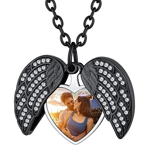 Custom4U Collana Donna Foto Nero Medaglione Zirconi AAA Ciondolo Nome Testo Inciso Collana Personalizzata Locket Apribile con Cuore Regali Commemorativi per Mamma Fidanzata 55+5 CM