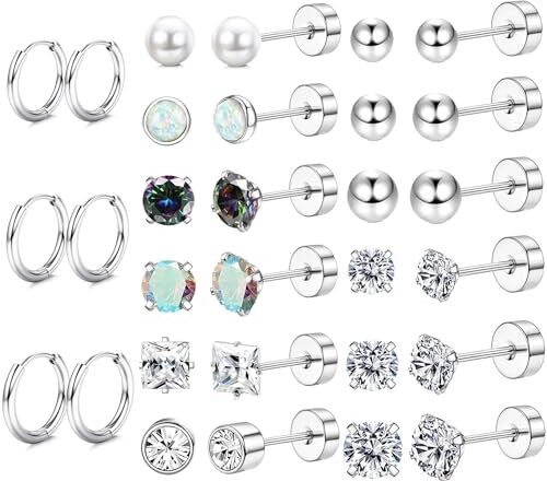 JeweBella Orecchini Acciaio Chirurgico Donna Piccoli Orecchini a Cerchio Argento Set Orecchini Opale Zirconia per Piercing Multipli Orecchini Anallergici Cartilagine Piercing Orecchio per Donna Uomo