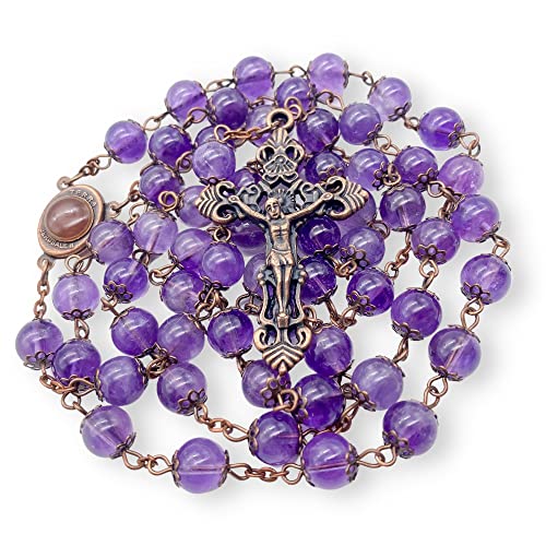 Nazareth Store Collana con rosario con perle di ametista con medaglia del suolo sacro e crocifisso Rosari cattolici Collezione Terra Santa