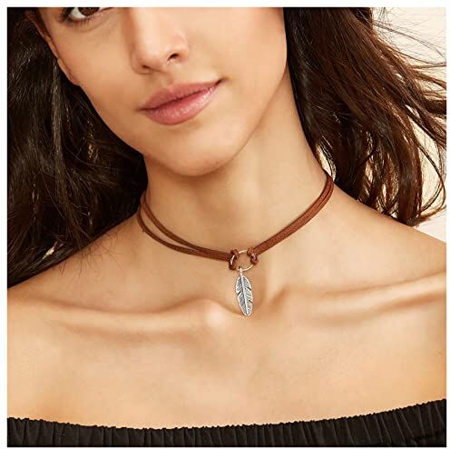 Dishowme Collana girocollo in pelle foglia Collana con piume boeme Catena Bigiotteria occidentale per donne ragazze adolescenti (Marrone)