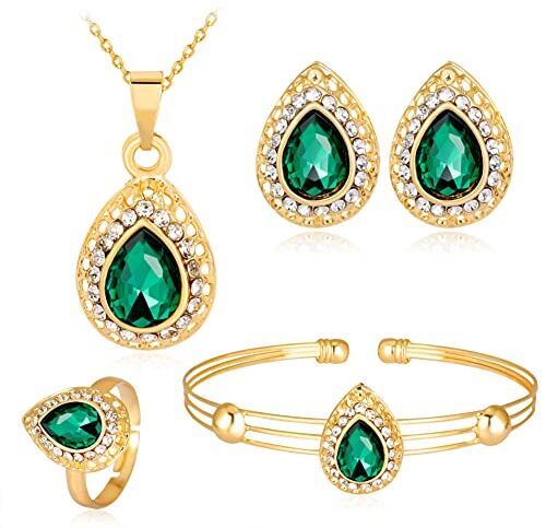 Wedity Sposa Matrimonio Goccia d'Acqua Collana di Cristallo Orecchini Bracciale Set Oro Nuziale Cuore Ciondolo Girocollo Collane Gioielli per Donne e Ragazze (Verde)