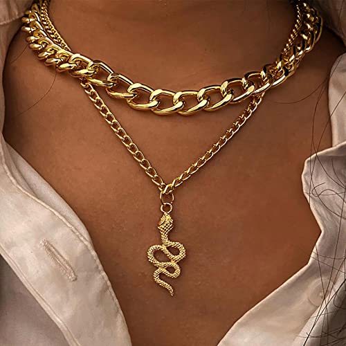 Atentuyi Punk Cubano Catena Chunky Oro Choker Stratificato Collane Ciondolo Serpente Collana Piatta Cordolo Link Catena Spessa Collana Multistrato Gioielli Per Le Donne Ragazze E Uomo