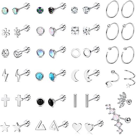 JeweBella 23Paia Piccoli Orecchini Donna Acciaio Chirurgico Helix Flatback Orecchini Zirconia Stella Luna Ipoallergenico Orecchini a Cerchio Piercing Orecchino Set per Donna Uomo