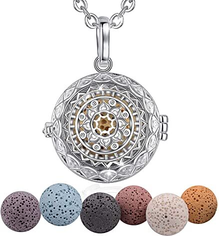 INFUSEU Collana Fiori di Loto, Ciondolo Fiori di Mandala Placcato Argento Diffusore di Oli Essenziali Aromaterapia Ciondolo Medaglione D'argento 5 PZ Lava Pietre Con 24" Catena Regalo per le Donne