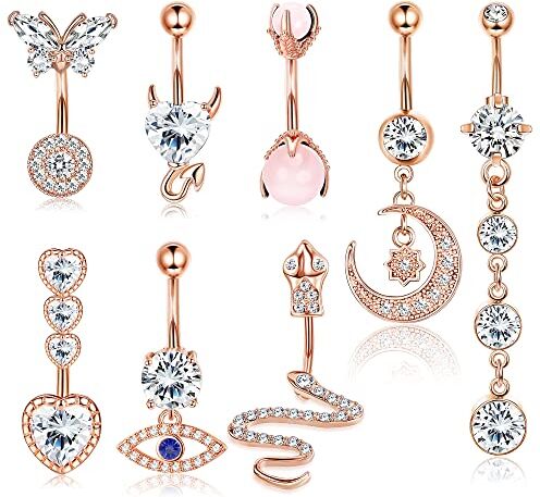 Milacolato 8Pcs Pendenti Piercing Ombelico Acciaio Chirurgico14G Anello Ombelico Estate Serpente Opale Farfalla Cuore Luna Zirconia Monili Piercing Corpo Anelli Dell'ombelico Ciondolano Kit Per Donna