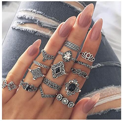 Dishowme Boho Flower Eagle Crown Deer Knuckle Rings Set Turchese Cross Bow Finger Joint Ring Costume di cristallo Anelli impilabili per le donne Ragazze Uomini (Argento C)