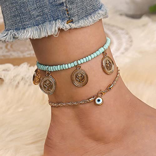 Marca Edary Boho Layer Bead Cavigliere turchesi Braccialetti alla caviglia con nappa con moneta oro Devil's Eye Cavigliera Catena Beach Gioielli piede regolabile per donne e ragazze （2 pezzi）