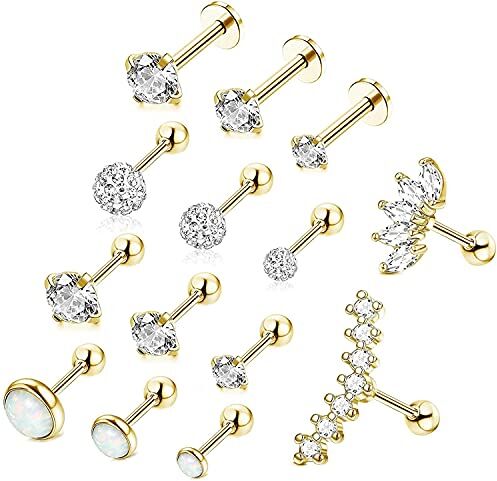 LOLIAS 14 Pz 16G Acciaio Inossidabile Cubic Zirconia Orecchini Cartilagine Dell'orecchio Palla Helix Orecchini Studs Set per Donne Degli Uomini Trago Orecchino Piercing Gioielli