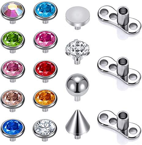 ZS 14G Acciaio Chirurgico Filettato Internamente Dermal Anchor Base Microdermals Piercing per Uomo/Donna, 14/15PCS CZ Dermal Anchor Tops 2.5mm 3mm 4mm Microdermal Piercing Kit (C)