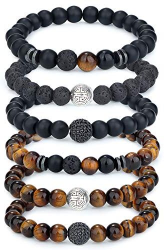 ADRAMATA 6-8 Pz 8mm Bracciale da Uomo Tigers Eye Braccialetti Elastici in Agata Perline di Yoga con Bracciale in Pietra Naturale Set di Bracciali da Uomo Regalo di Anniversario per Uomo