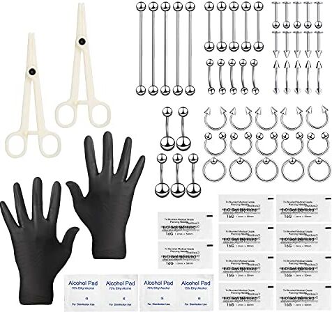 chinping 60pezzi kit piercing set,lotto in acciaio inox cartilagine elica daith setto cerchio naso anello ferro di cavallo labbro lingua sopracciglio trago anelli ombelico bilancieri gioielli corpo 14g 16g