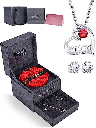 IMMORROSA Rose Eterne con Collana MOM & Orecchini a Corona di Cristallo, Festa della Mamma Idee Regalo, Scatola Rosa Conservata con Collana, Confezione Regalo per Mamma, Compleanno, Anniversario