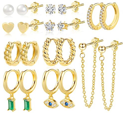 ALEXCRAFT orecchini donna argento 925, orecchini cerchio, orecchini punto luce, orecchini pendenti argento, Set di Orecchini per Piercing Multipli Placcati in Oro 14K orecchini