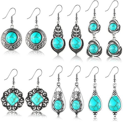 Fiada 6 Paia Orecchini Boho Pendenti Orecchini Bohémien Vintage Rotondi Orecchini Indiani Retrò Blu Turchese a Goccia con Gancio Gioielli Gypsy per Donna Ragazze, 6 Stili (Stile Semplice)