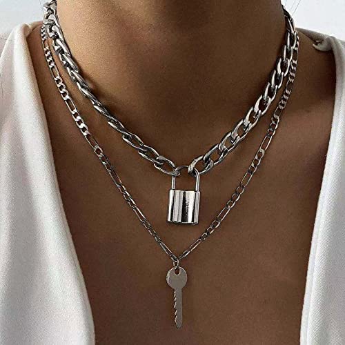 Atentuyi Catena Cubano Chunky Choker Argento Stratificato Collane Serratura Collana Ciondolo Chiave Collane Piatto Cordolo Link Catena Spessa Catena Collare Collana Gioielli Per Donne E Ragazze