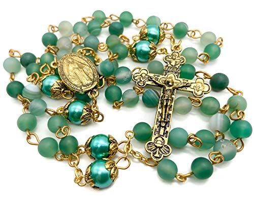 Nazareth Store Collana con Rosario in Oro cattolico Perline in Pietra Opaca Perle Verdi da 10 mm Perline Rotonde Medaglia miracolosa e Croce Borsa in Velluto
