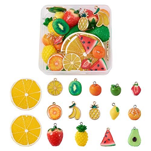 PH PandaHall Set di 30 ciondoli smaltati a forma di frutta, motivo: arancia, fragola, ananas e banana, in metallo, per collane fai da te, bracciali, orecchini e artigianato