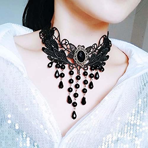 SINLOV Gothic Punk Lace Choker Collana Halloween Fiore Nero Nappa Cristallo Pendente Collana Perla Cristallo Retro Collare Choker Clavicle Neck Catena Gioielli per Le Donne e Ragazze (C)