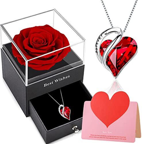 Willuck Rosa Eterna, Rosa Eterna con Collana, Rosa Eterna Confezione Regalo, Rosa Eterna Vera con ciondolo rubino argento 925 donna,San Valentino Festa Della Mamma Anniversario Matrimonio per Lei