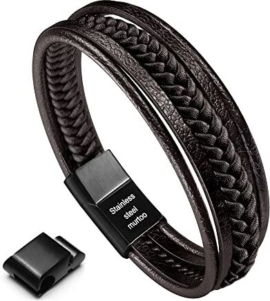 Murtoo Bracciale Uomo Pelle e Pietra Naturali con Chiusura Magnetica Acciaio Inox Braccialetto Pacco Regalo (marrone, 22)