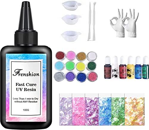 Frenshion 31 Pz Resina Gioielli Making Kit con 100g Fast Cure Clear Hard Low Odor UV Resina, Color Pigment, Accessori Resina, UV Resina Starter Kit per Gioielli Orecchini Collana Bracciale