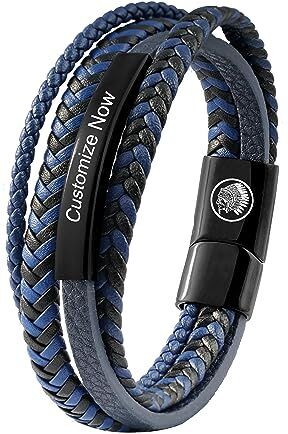 Casisto.J Bracciale pelle uomo, classico bracciale intrecciato a mano Blu marrone Nero braccialetto con magnetica fibbia