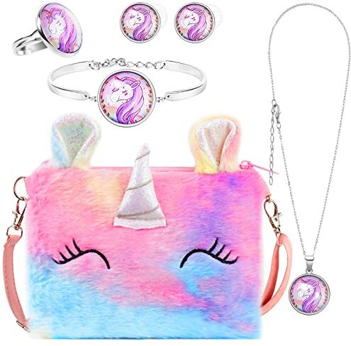 OSDUE Unicorno Borsetta Bambina Set Gioielli, Unicorno Regalo Peluche Borsetta Bambina Set Gioielli Unicorno Accessori per Capelli Mollette per Capelli Ragazze Arcobaleno Collana Bracciale Anello