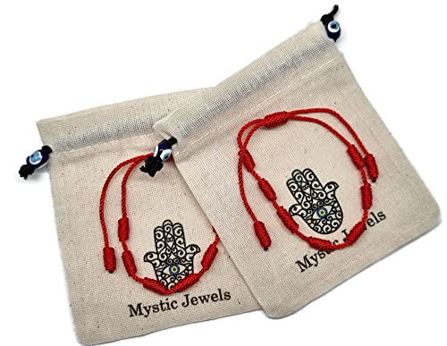 MYSTIC JEWELS By Dalia, braccialetto Cabala, in cordoncino di filo rosso, con 7 nodi, unisex, regolabile, per la protezione contro il malocchio, portafortuna (2 pezzi)