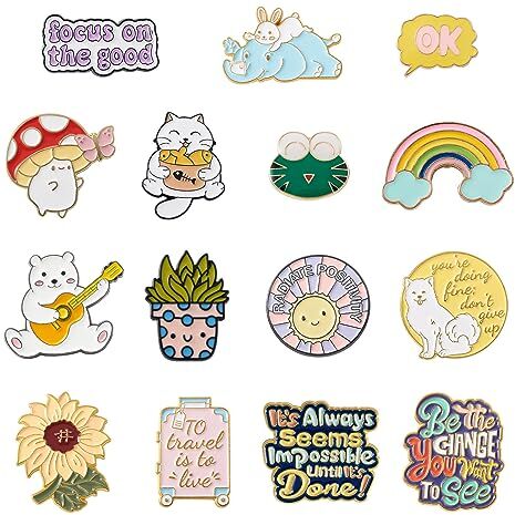 PH PandaHall PandaHall 15pcs smalto Pin Badge Set 15 Stili Parola Animale Fiore Fungo Nuvola Lega Spilla Pin Distintivi Risvolto Distintivi per Abbigliamento Borse Giacche Accessori