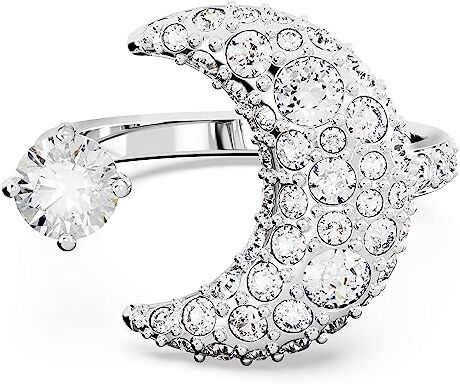 Swarovski Luna Anello Aperto, con Cristalli e Zirconia , Placcatura in Tonalità Rodio, Taglia 52, Bianco